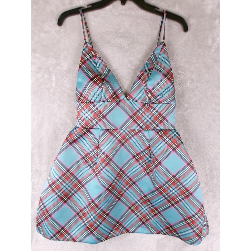 Kimchi Blue UO Plaid Fit & Flare Mini Dress XS Satin Look